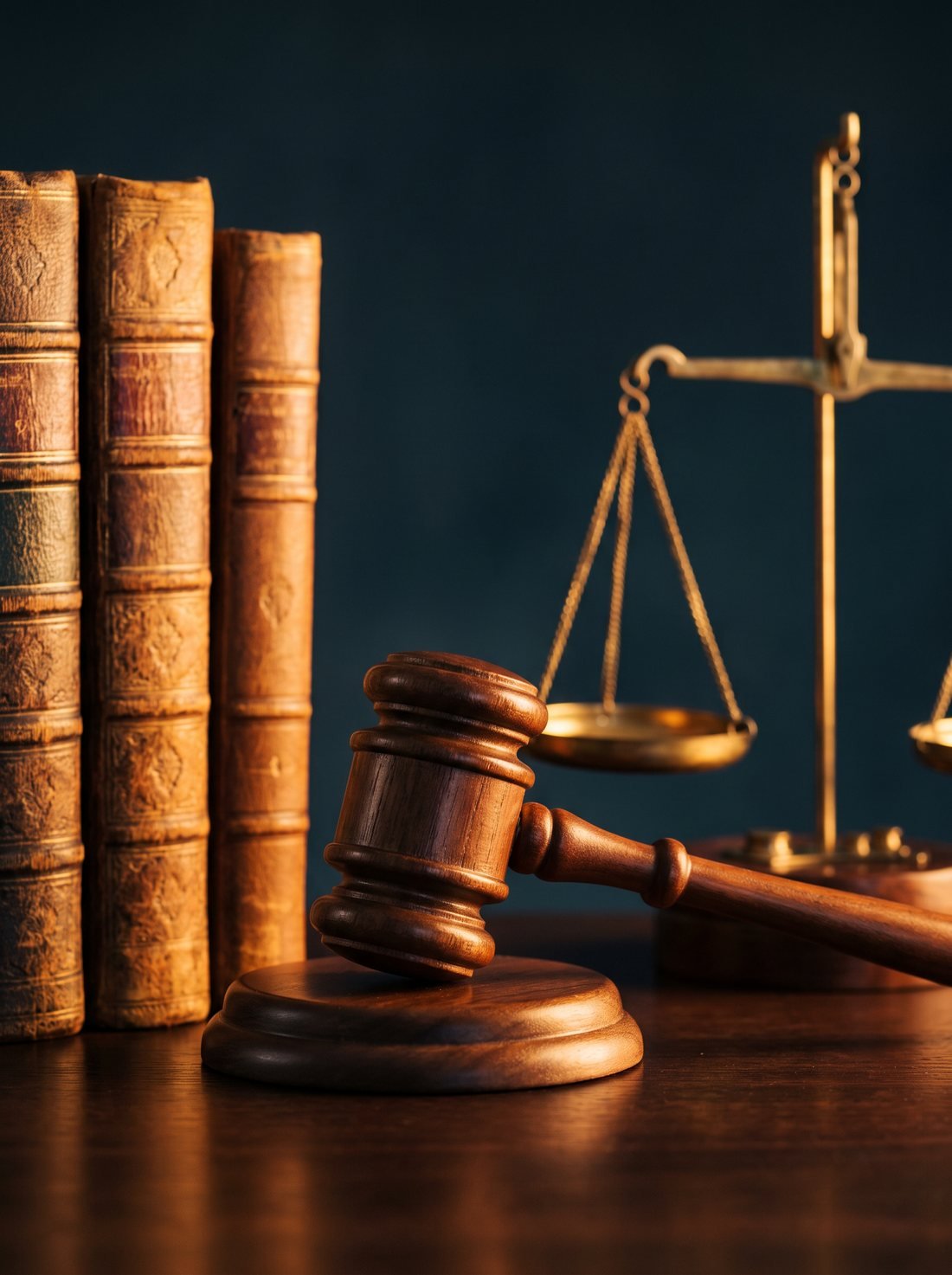 Law books, gavel and scales of justice